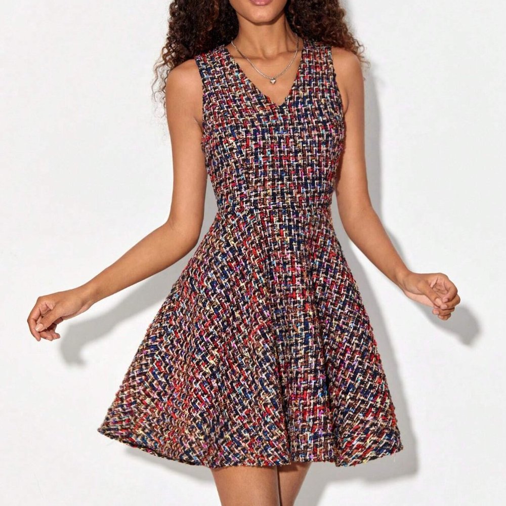 Multicolor Preppy Womens Allover Print V Neck Dress - Picture 5 of 5